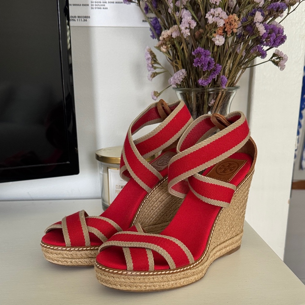 Tory Burch Red and Beige Wedge Sandals